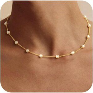 Women's Choker Gold Pearl Necklace 14k Gold Plated Dainty Pearl Necklace Choker
